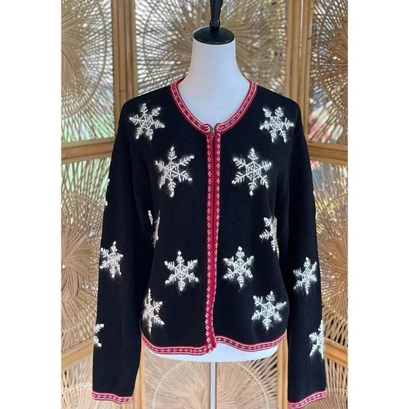 Paul Harris Design Black Knit Red Trim Knit Cardigan  Embroidered Snowflakes M - Picture 2 of 7